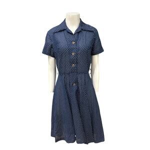 Vintage 60s Polka Dot Dress Navy and White Shirt Dress / Small -